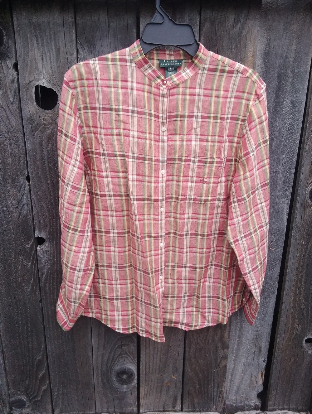 Vintage Lauren Ralph Lauren Linen Blouse Red Orange Plaid Large Long Sleeve